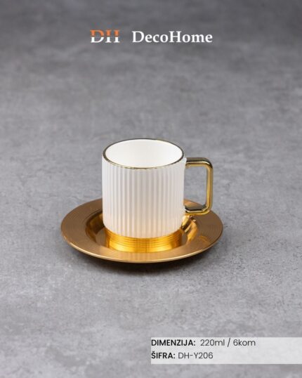 Porcelanske bele šolje + aluminijumske zlatne tacne 220ml / 6kom - DH-Y206 - Slika 1