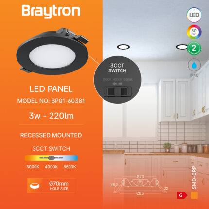 LED panel 3W 3u1 ugradni krug crni IP40 - Slika 3