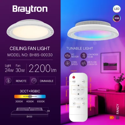 LED plafonski ventilator 24+30W CCT IP20 - daljinsko upravljanje - Slika 3