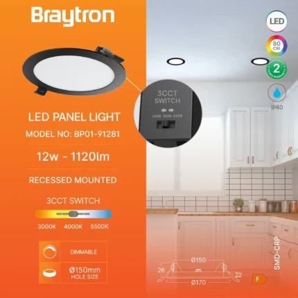 LED panel 12W 3u1 IP40 dimabilni ugradni crni krug - Slika 3